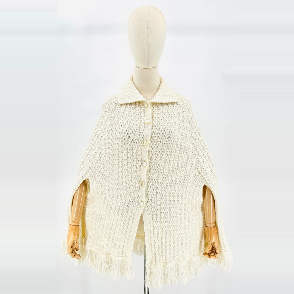 Vintage 70s White Orlon Acrylic Knit Cape Button Front Fringe Hem Poncho